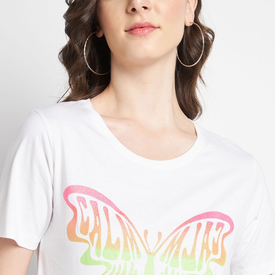 Cotton Solid Round Neck T-Shirt, White, large image number null