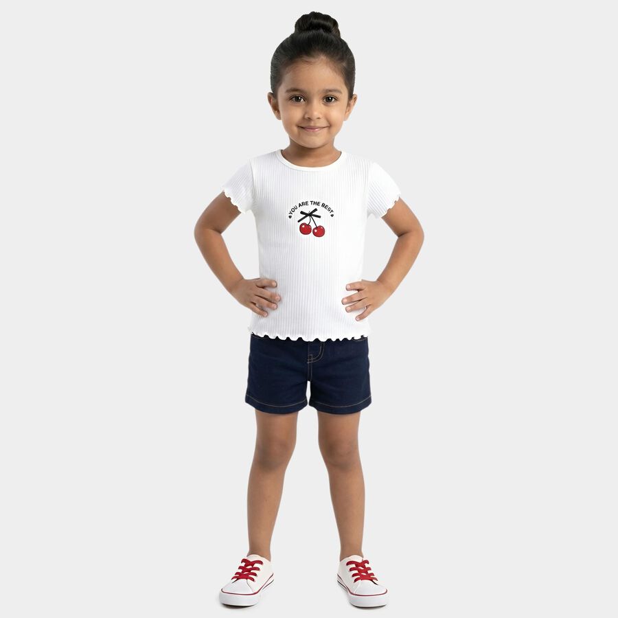 Girls' White Cotton Blend Round Neck Casual T-Shirt, White, large