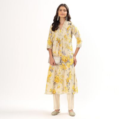 Women's Mustard Yellow Printed Ethnic Set