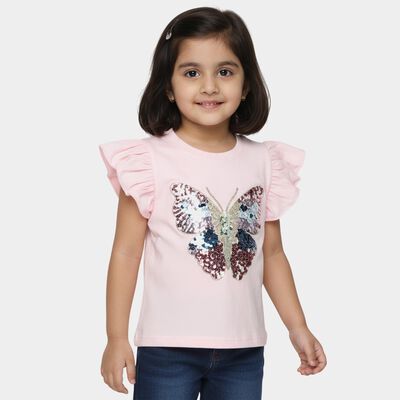 Girls Pink Cotton Round Neck Romantic T-Shirt