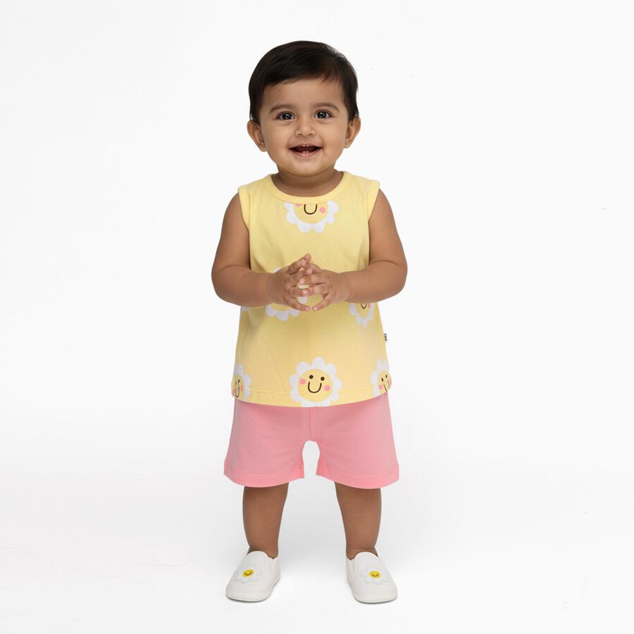 Infant Girl Bright Yellow Cotton Sleeveless Floral Top and Soft Pink Shorts Set, Light Pink, large