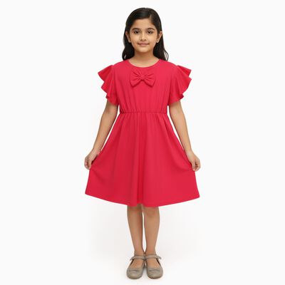 Girls' Bright Red Round Neck Party Dress