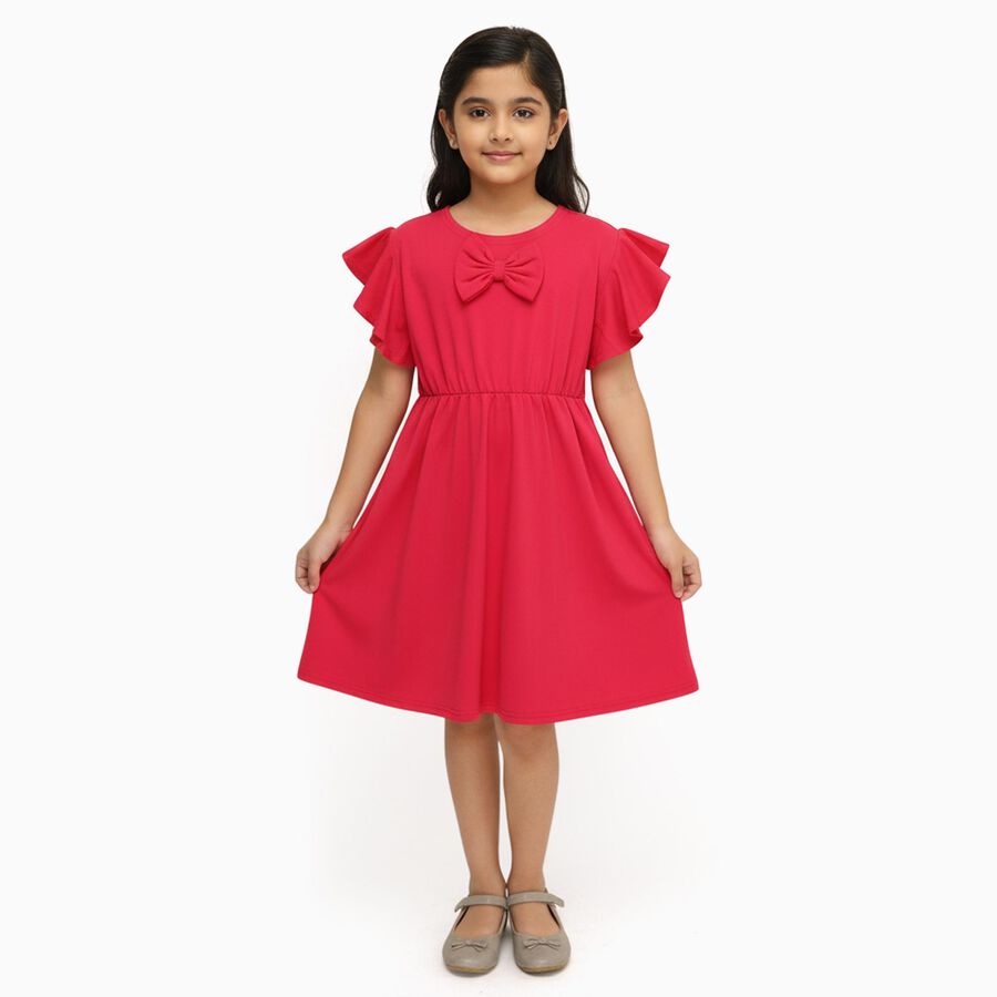 Girls' Bright Red Round Neck Party Dress, रानी (फ्यूशिया), large