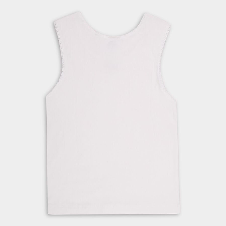 Girls Bright White Cotton Round Neck Sleeveless Vest, White, large