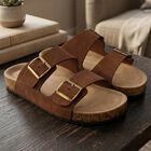 Men's Brown Double Buckle Slide Sandals, भूरा, small