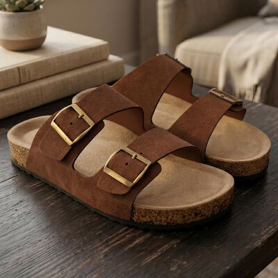 Men's Brown Double Buckle Slide Sandals