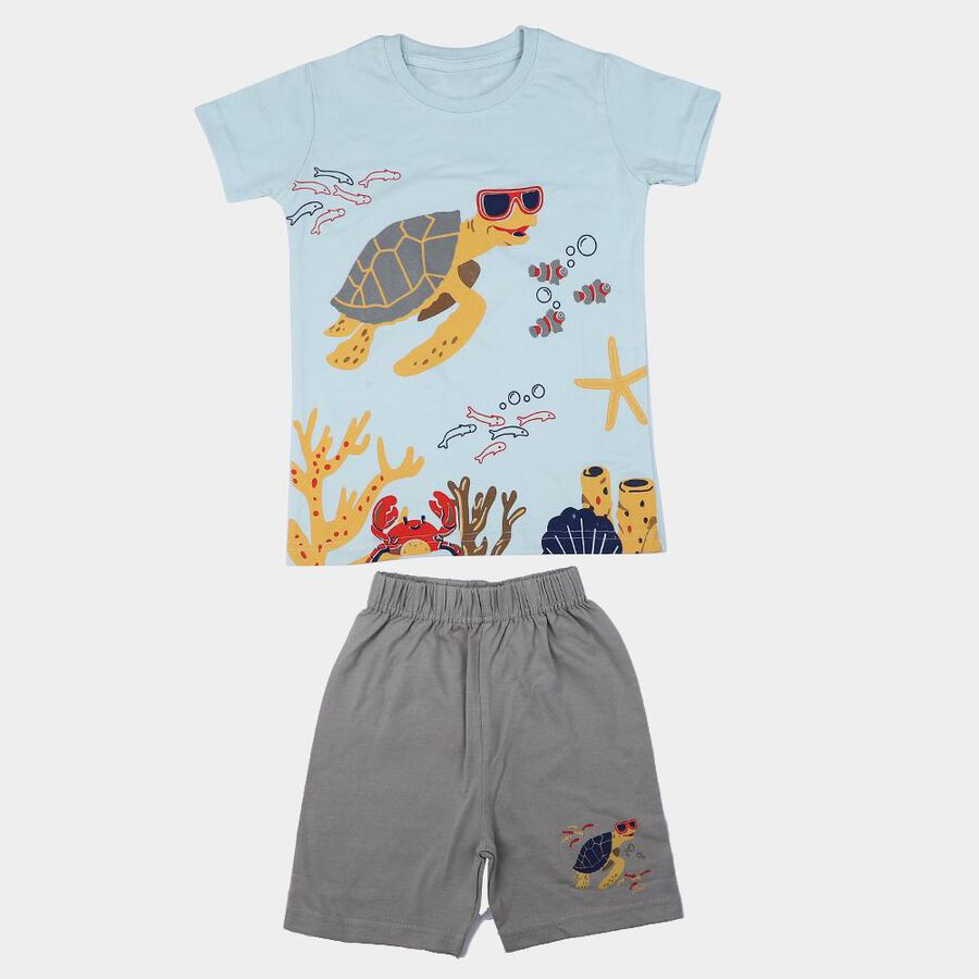 Boys Light Blue Cotton Round Neck Graphic Print Baba Suit, हल्का नीला, large