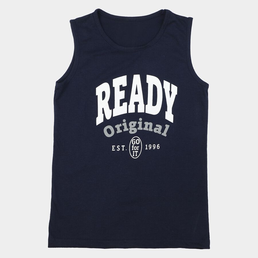 Boys Navy Blue Cotton Blend Round Neck Regular T-Shirt, नेवी ब्लू, large