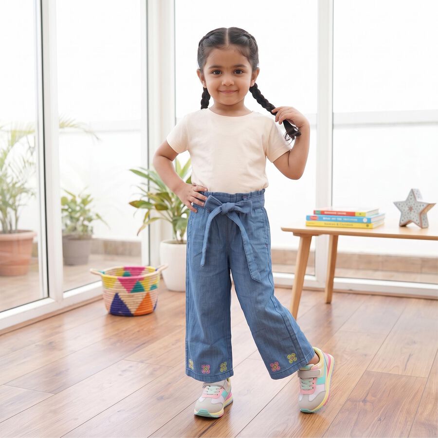 Girls Blue Wide Leg Embroidered Jeans, Mid Blue, large