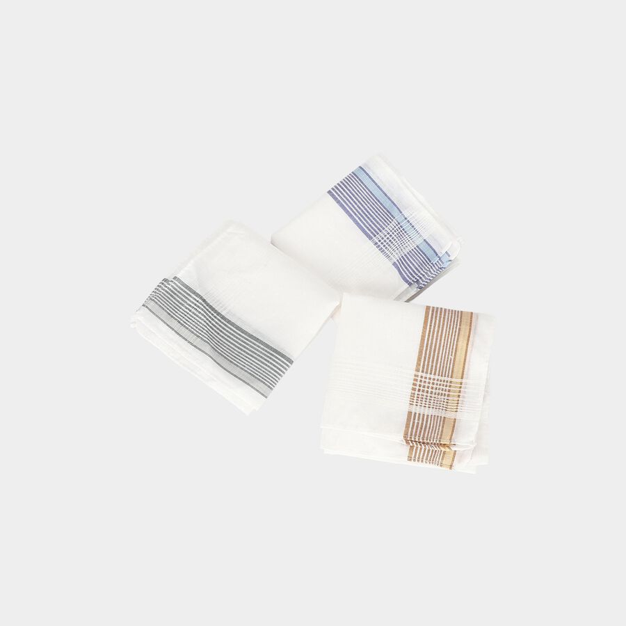 Men's White Striped Pack of 3 Handkerchief, White, large