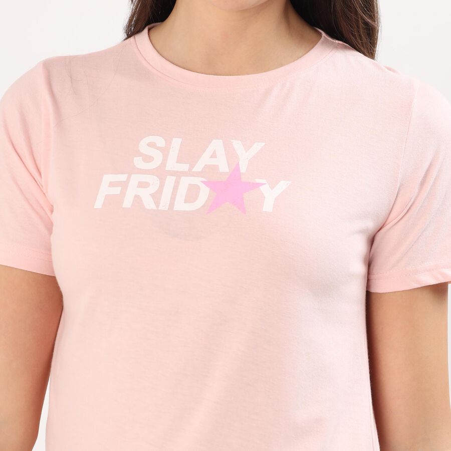 Women's Light Pink Round Neck Casual T-Shirt, हल्का गुलाबी, large