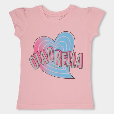 Girls' Light Pink Cotton Round Neck Casual T-Shirt