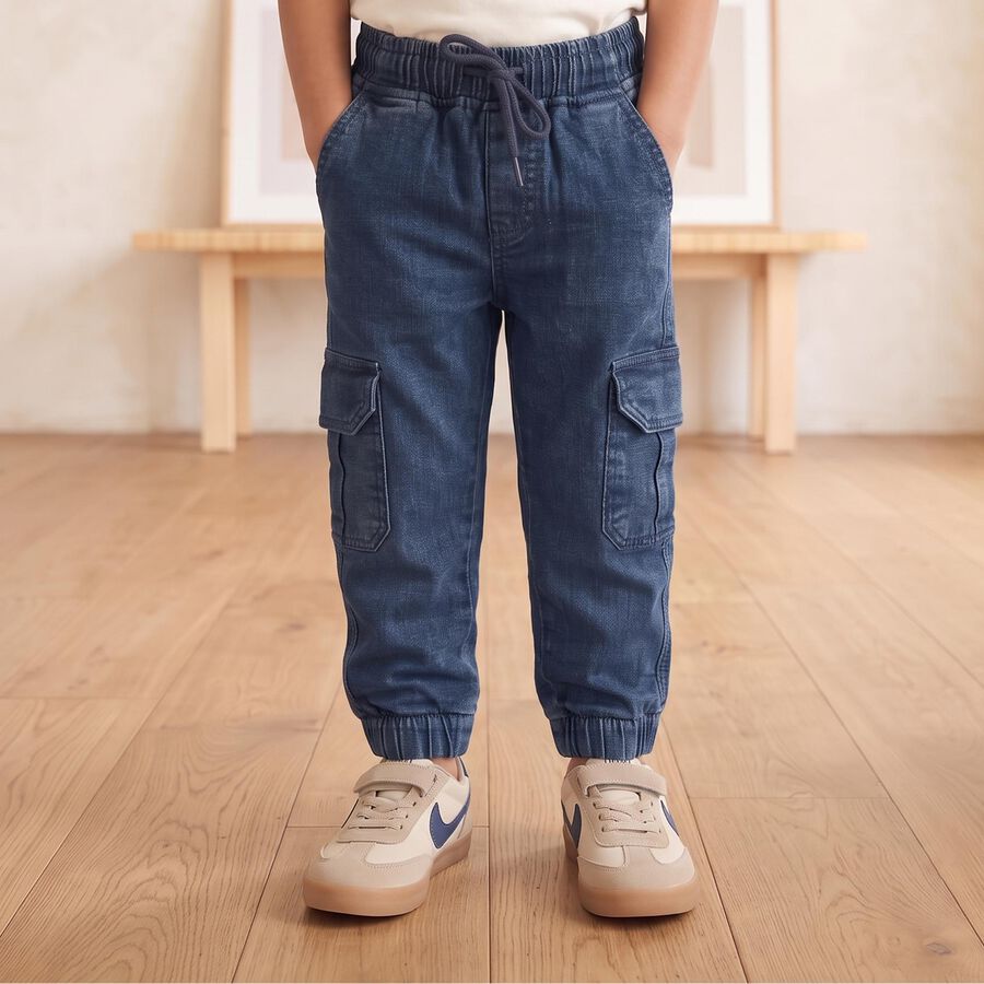Boys Blue Cargo Fit Washed Jeans, Dark Blue, large