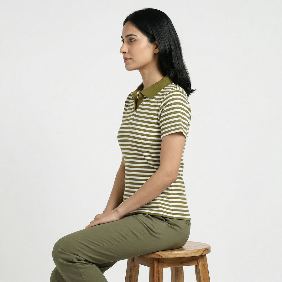 Women Olive Green Polo Neck Preppy Polo T-Shirt, Olive, large