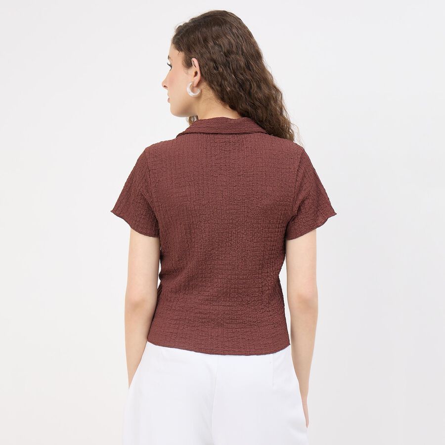Women's Dark Chocolate Brown High Neck Minimalist Shirt, Brown, large