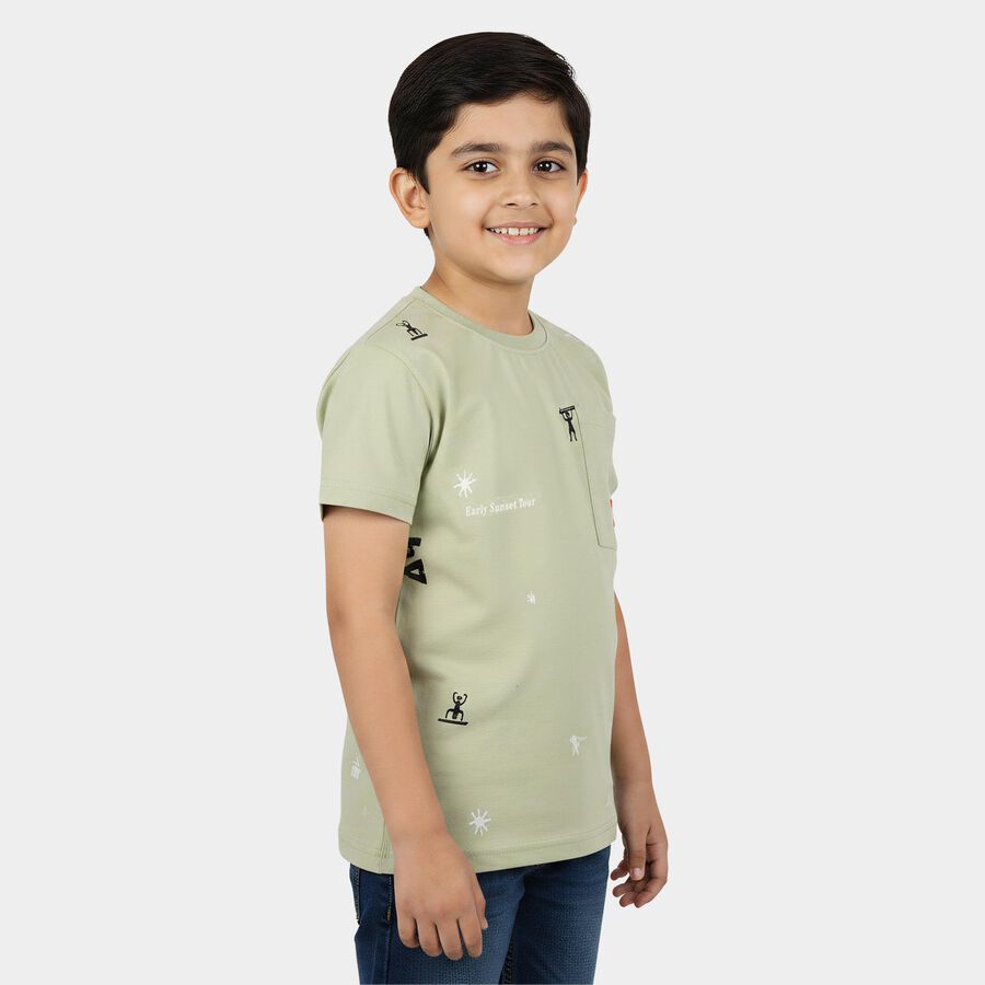 Boys Green Cotton Round Neck Casual Boys T-Shirt, Light Green, large