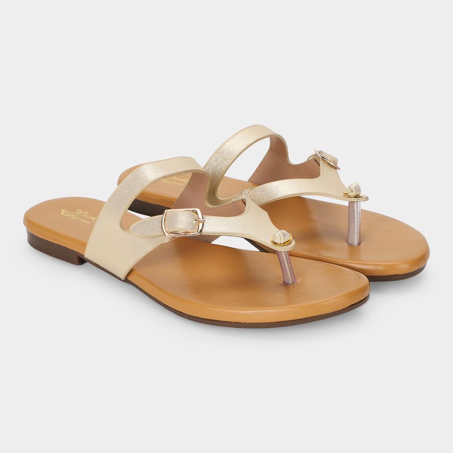 Women's Gold Buckle Strap Thong Sandals, गोल्डन, large