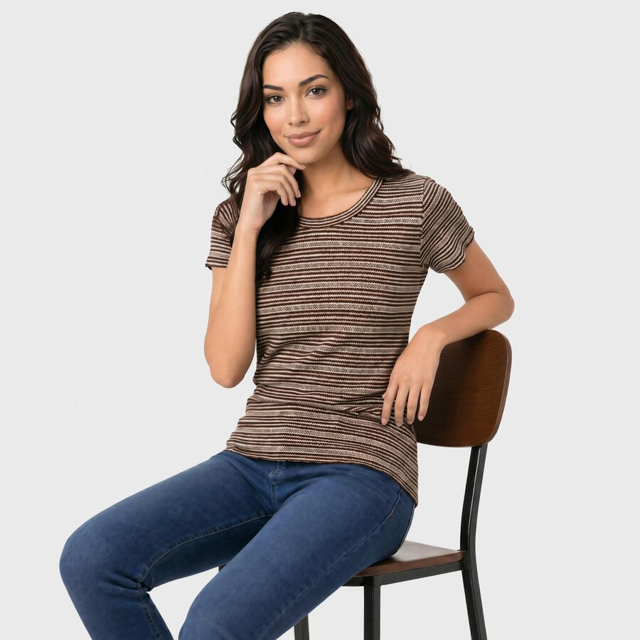 Women's Brown Round Neck Regular T-Shirt, भूरा, large