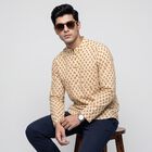 Men's Beige Cotton Mandarin Collar Printed Kurta, गहरा पीला, small