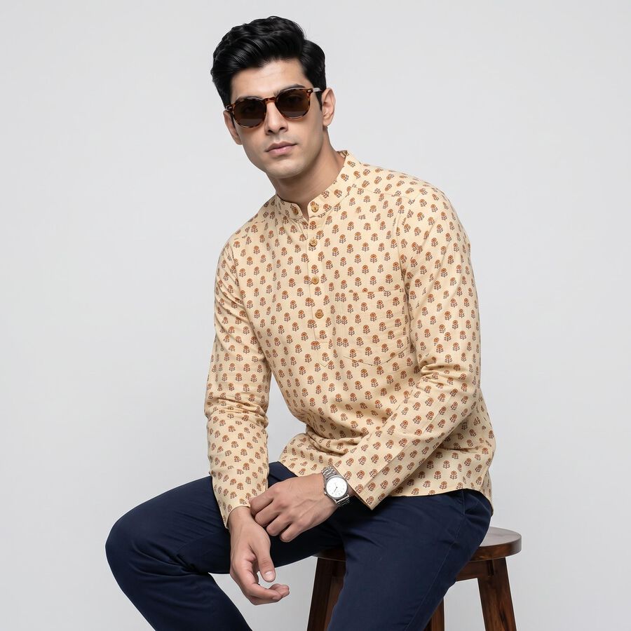 Men's Beige Cotton Mandarin Collar Printed Kurta, गहरा पीला, large