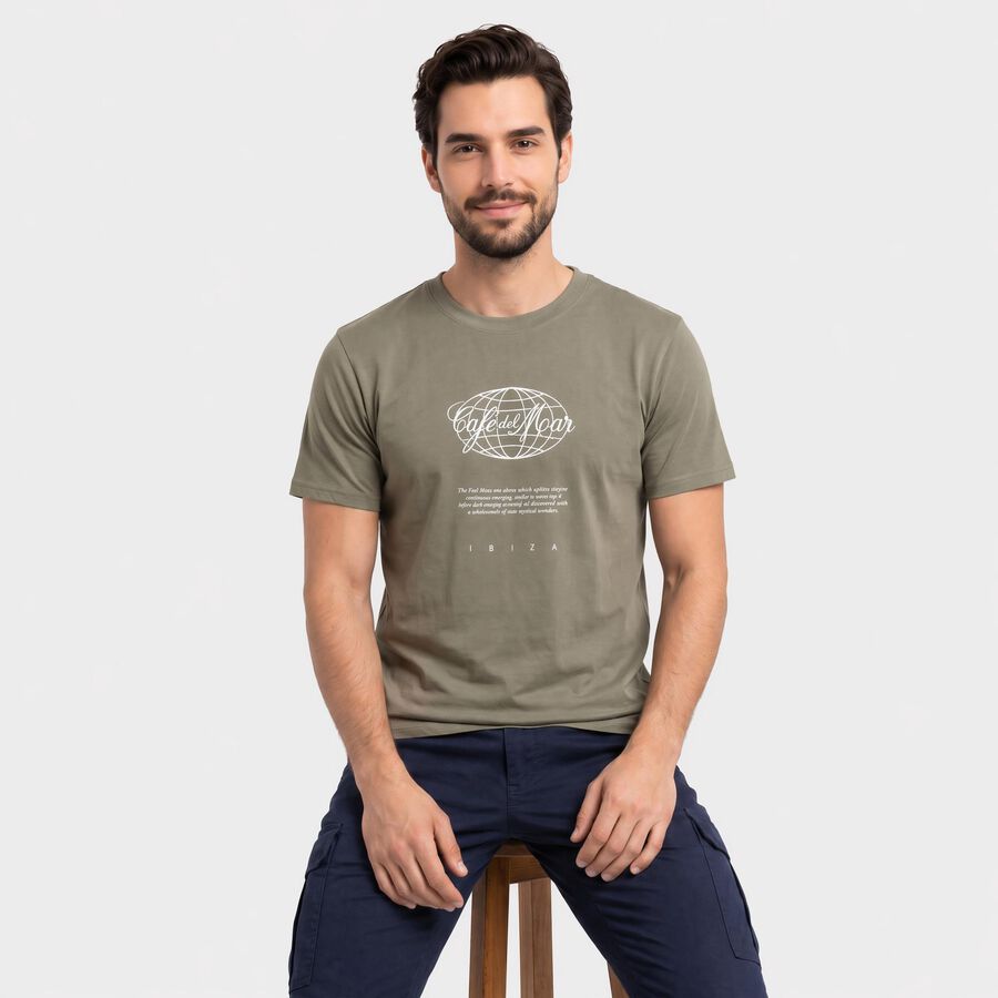 Men's Olive Green Round Neck Graphic Print T-Shirt, Light Green, large