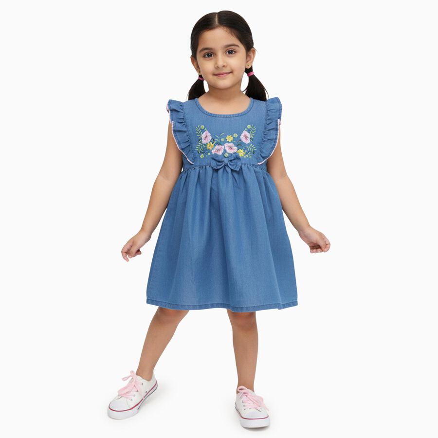 Girls' Cotton Blend Casual Frock, Mid Blue, large