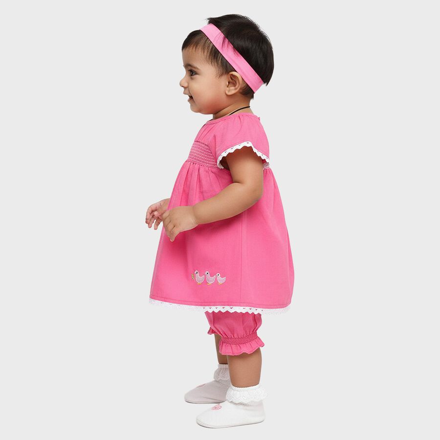 Infants' Bright Pink Cotton Smocked Embroidered Frock with Bloomers, हल्का गुलाबी, large