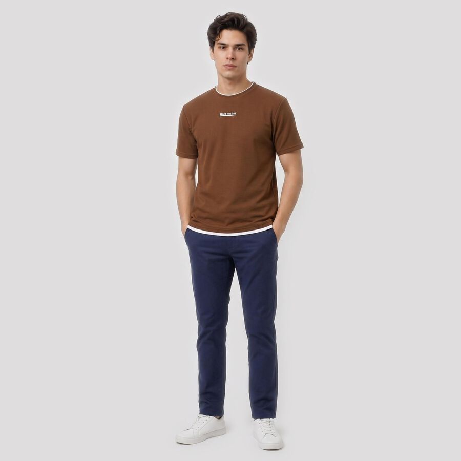 Men's Brown Round Neck Graphic Print Regular T-Shirt, भूरा, large