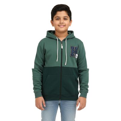Boys Dark Green and Green Hoodie Neck Casual Sweatshirt