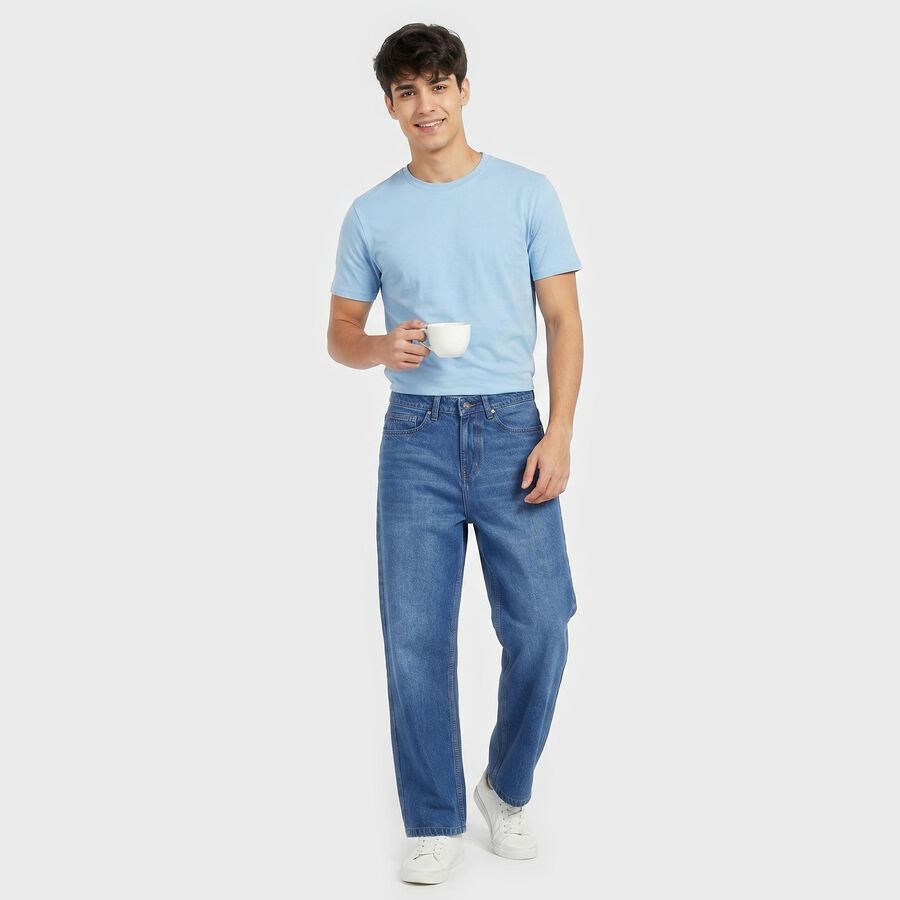 Men's Blue Straight Fit Washed Jeans, Dark Blue, large