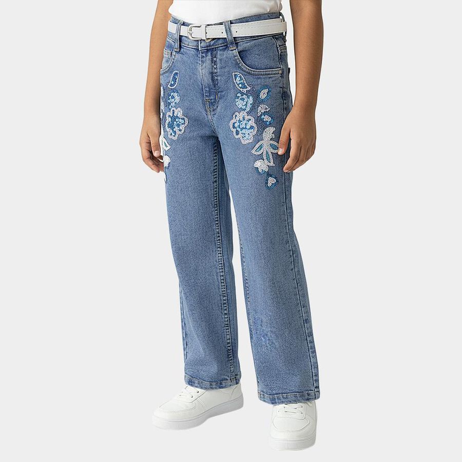 Girls' Light Blue Wide Leg Embroidered Jeans, Light Blue, large