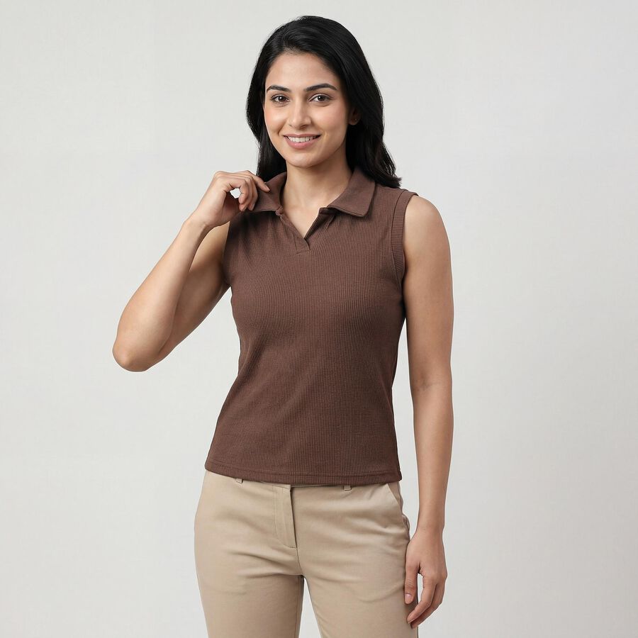 Women's Brown Polo Collar Casual T-Shirt, Brown, large