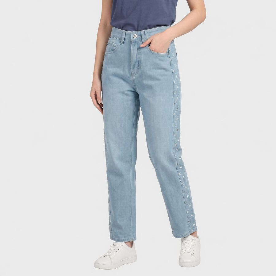 Women's Light Blue Straight Fit Embroidered Side Tape Jeans, हल्का नीला, large