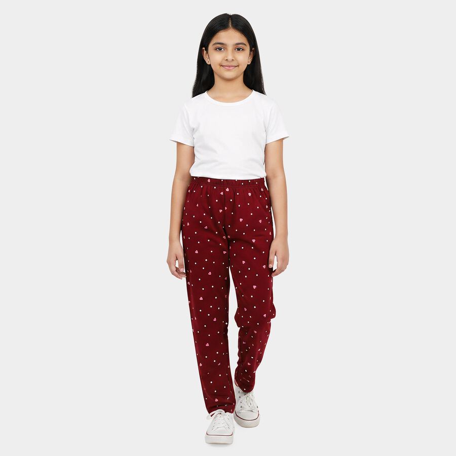 Girls Wine Straight Fit Heart Printed Pyjama, Wine, large
