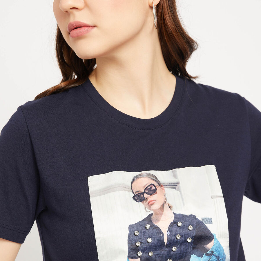 Embellished Round Neck T-Shirt, Navy Blue, large image number null