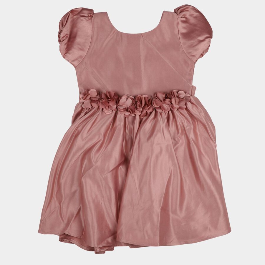 Girls' Pink Puff Sleeve Floral Belt Party Frock, गुलाबी, large