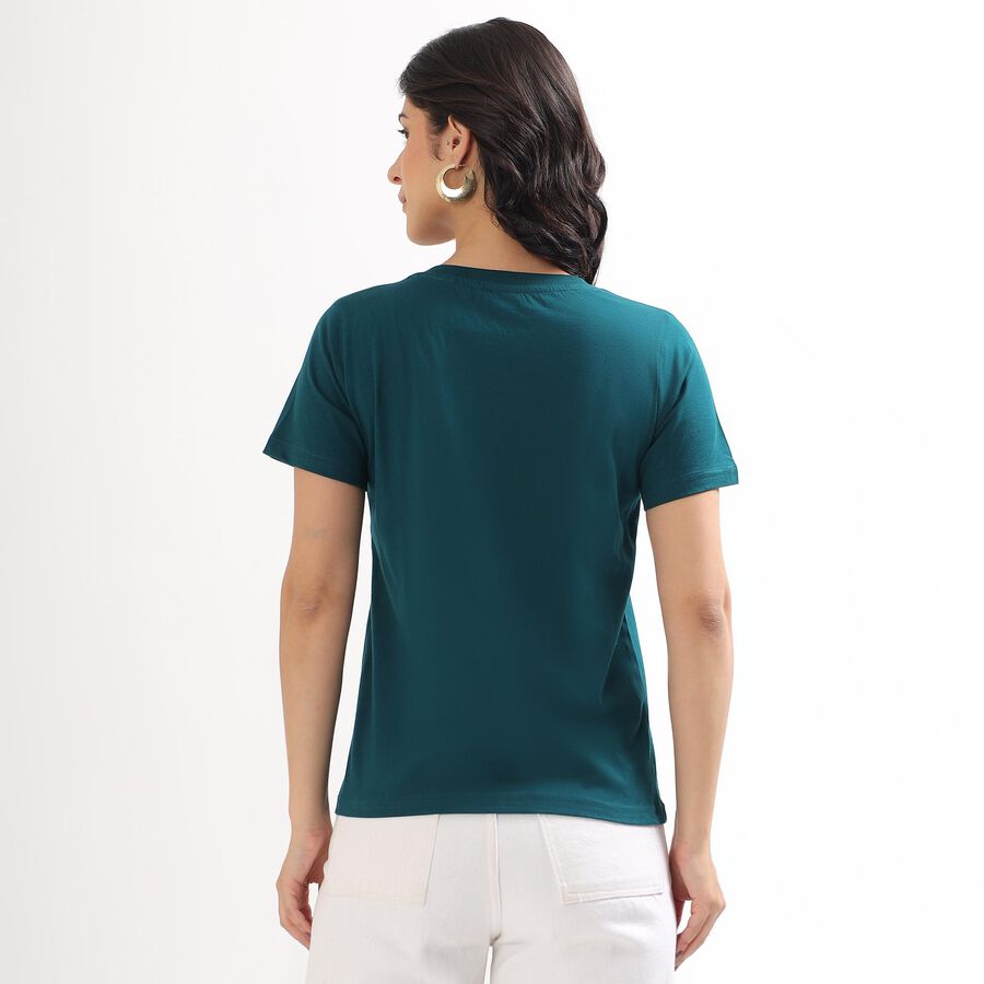 Women's Teal Cotton Round Neck Casual T-Shirt, Dark Green, large image number null