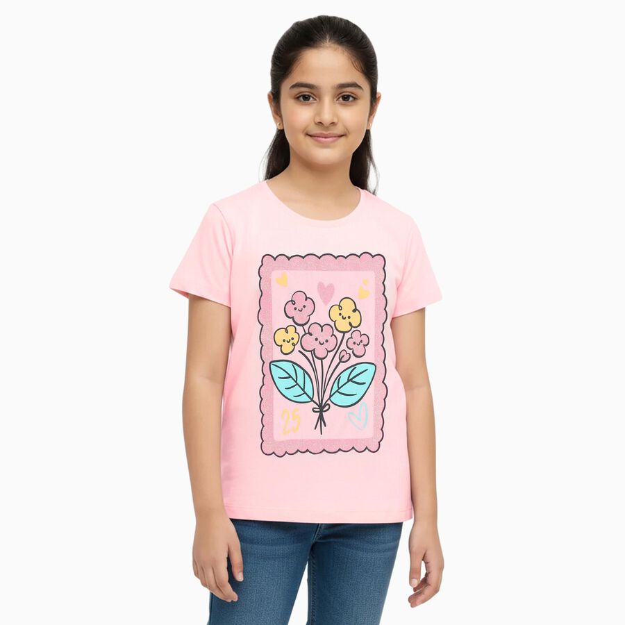 Girls' 100% Cotton T-Shirt, हल्का गुलाबी, large