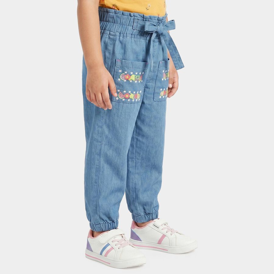 Girls Light Blue Jogger Fit Embroidered Jeans, Mid Blue, large