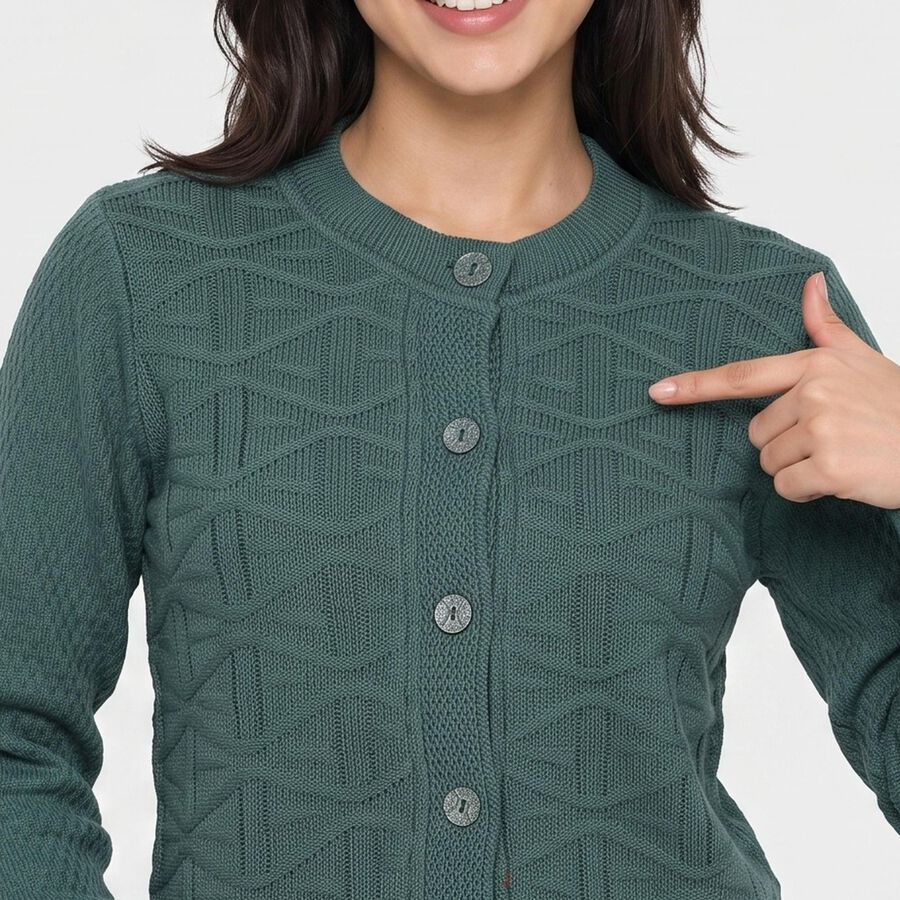 Women Green Round Neck Button-Front Cardigan, Dark Green, large