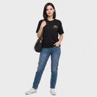 Ladies' Black Cotton Round Neck Regular T-Shirt, काला, small