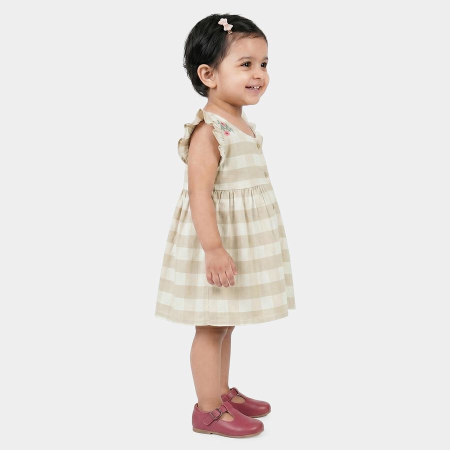 Infants' Beige Checked Embroidered Fit and Flare Frock, गहरा पीला, large