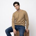 Men Beige Crew Neck Pullover Sweatshirt, Beige, small