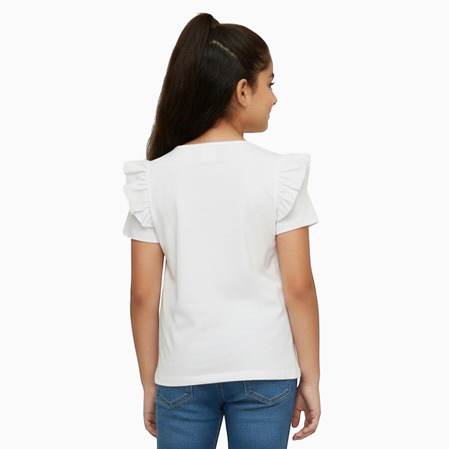 Girls White Cotton Round Neck Ruffle Sleeve Graphic T-Shirt, White, large image number null