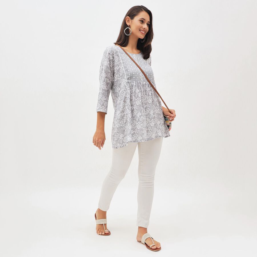 Women's Light Grey Round Neck Floral Printed Kurti, Light Grey, large image number null
