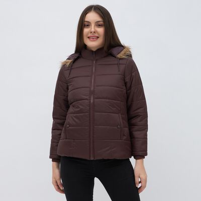 Women's Maroon High Neck Casual Jacket