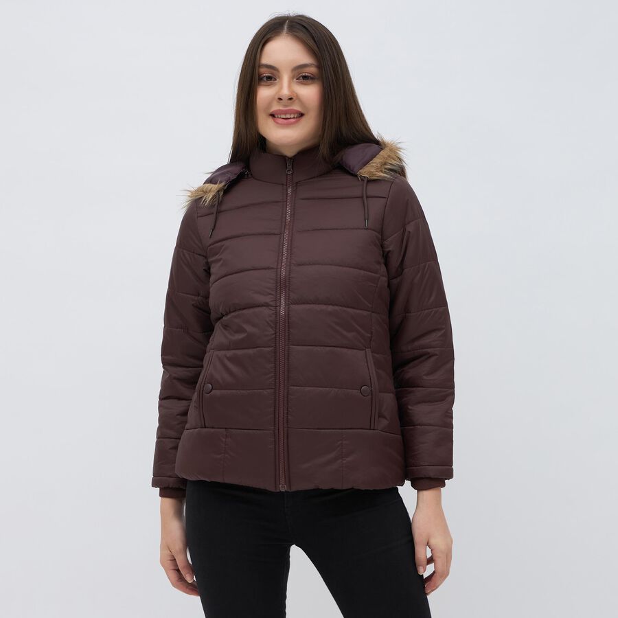 Women's Maroon High Neck Casual Jacket, वाइन, large image number null
