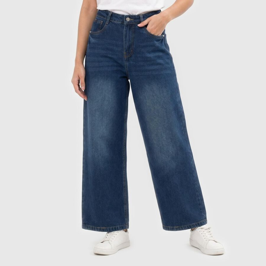 Women's Blue Wide Leg Fit Washed Jeans, Mid Blue, large