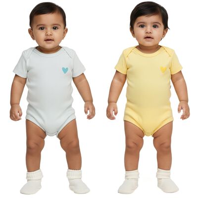 Infants Light Blue and Yellow Cotton Round Neck Casual Bodysuit