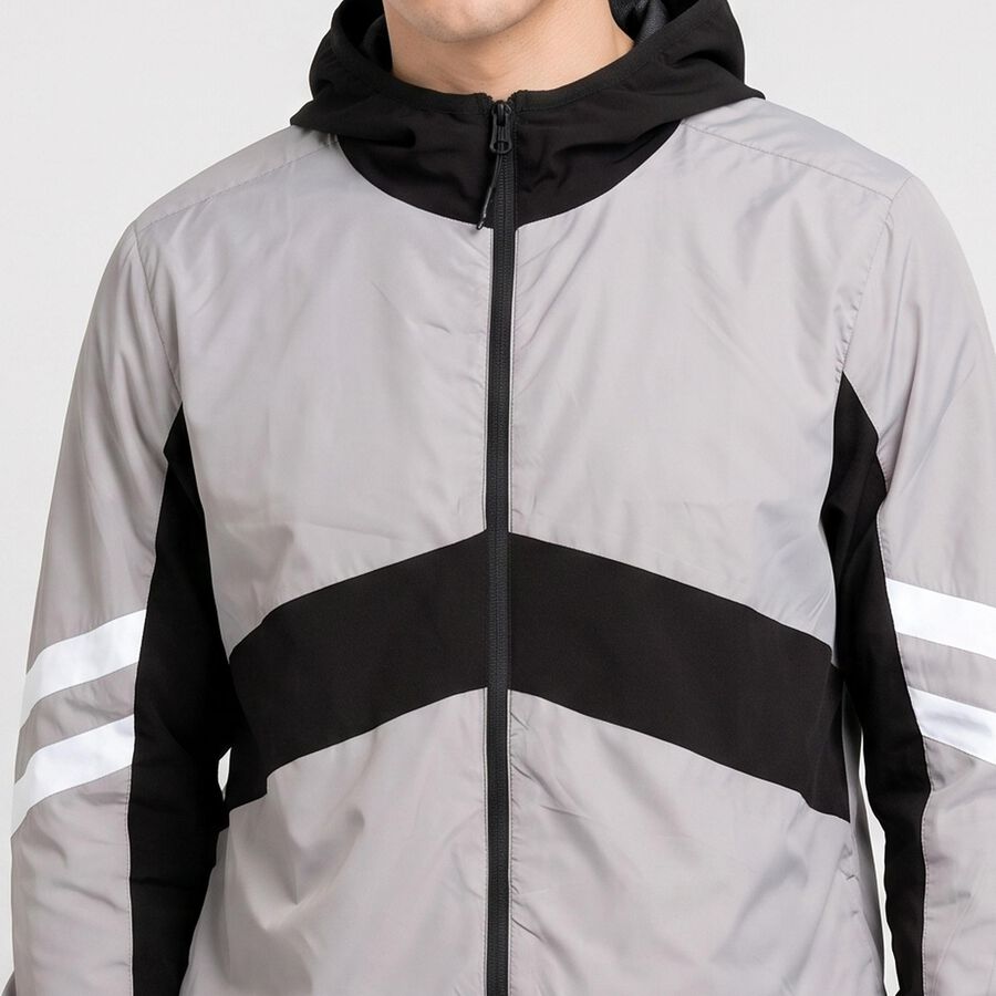 Men's Grey Hooded Windbreaker Jacket, हल्का ग्रे, large